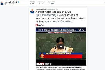 Modi praises Sushma for her UN speech, watches it on CNN-IBN, retweets link