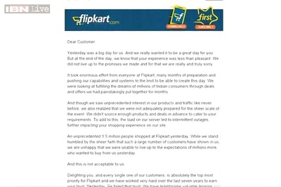 Flipkart sends apology mail to customers after its botched 'Big Billion Day Sale'