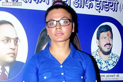 Snapshot: Rakhi Sawant looks grim in a stiff blue kurta; inaugurates Republican Party of India's new office