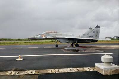 Indian Navy's MiG-29K fighter performs Short Take Off and Arrestor Landing at INS Hansa
