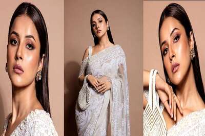 Shehnaaz Gill Rocks a Chic Blouse and Ivory Saree in a Manish Malhotra Ensemble