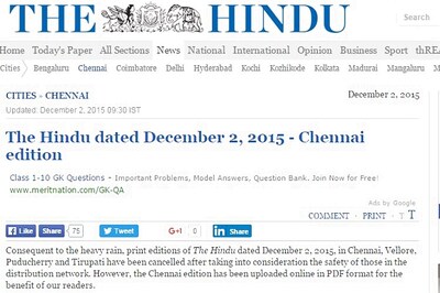 Worst rain in 100 years forces 'The Hindu' to cancel print edition in Chennai