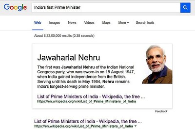 Google's 'direct answers' gets it wrong again. Suggests Narendra Modi was India's first Prime Minister